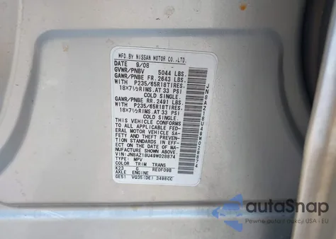 2009 Nissan Murano Sl z USA, uszkodzony, nr VIN JN8AZ18U49W028874